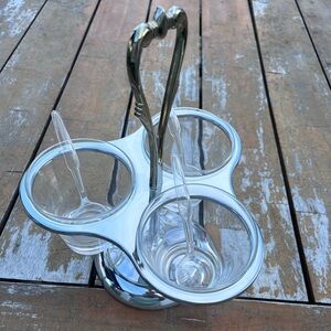 Vintage Kromex 1950s Chrome Triple Relish Server w/ Glass Inserts & Spoons | MCM